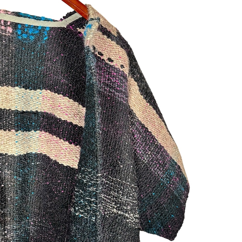 VINTAGE Boxy Open Front Woven Wool Saori Kimono Woven Poncho - Picture 8 of 10